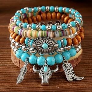 Western Bracelet Bohemian Turquoise Stacked Charm Bracelet Set Cowgirl Style